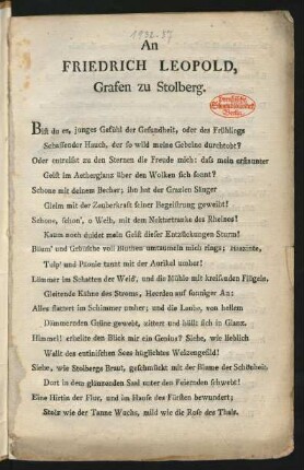 An Friedrich Leopold, Grafen zu Stolberg