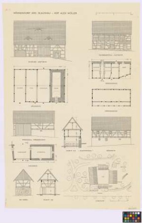 Höckendorf (Kreis Glauchau): Hof Alex Müller. - Lageplan mit Haupthaus (Aufsicht), Schweinestall (Aufsicht), Scheune (Aufsicht), Pferdestall (Aufsicht), Dung (Aufsicht). - Scheune (Hof-Seiten-Ansicht, Grundriss). - Schweinestall (Hof-Seiten-Ansicht, Grundriss des Erdgeschosses, Grundriss des Obergeschosses, Querschnitt A-B, Rück-Seiten-Ansicht). - Pferdestall (Straßen-Seiten-Ansicht, Grundriss, Nord-Giebel-Ansicht, Querschnitt A-B