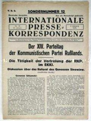 Sondernummer des Bulletins der internationalen kommunistischen Presse zum XIV. Parteitag der KPDSU