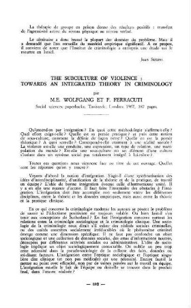 492-501, The subculture of violence: Towards an integrated theory in criminology, by M. E. Wolfgang and F. Ferracuti