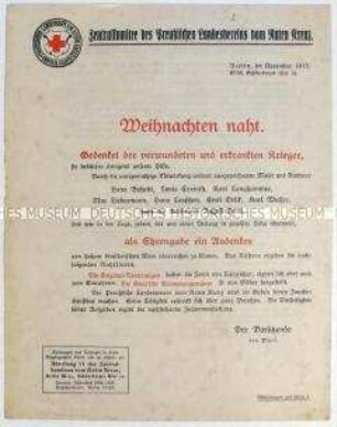 Flugblatt mit einem Spendenaufruf des Roten Kreuzes für "erkrankte und verwundete Krieger" zu Weihnachten 1915