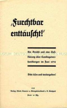 Propagandaschrift des Württembergischen Bauern- und Weingärtnerbundes über die finanzielle Lage