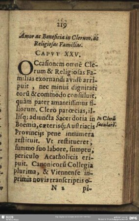 Amor ac Beneficia in Clerum, ac Religiosas Familias. Caput XXV.