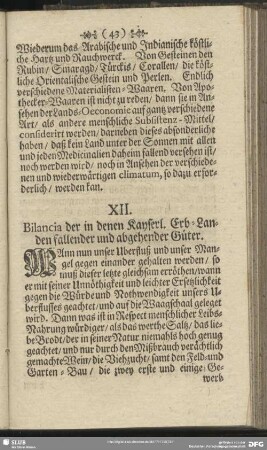 XII. Bilancia der in denen Kayserl. Erb.-Landen fallender und abgehender Güter