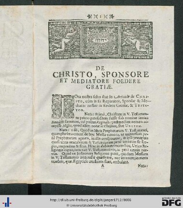 De Christo, Sponsore Et Mediatore Foedere Gratiae.