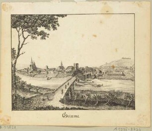 Grimma in Sachsen mit der Pöppelmannbrücke, der Augustinerkirche und dem Schloss, Blick über die Mulde aus nordöstlicher Richtung