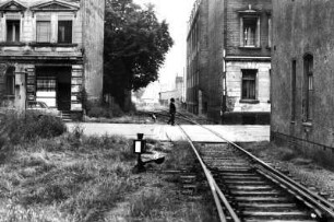 Gleise : Straßenansicht mit Straßenbahnschienen, Leipzig-Plagwitz