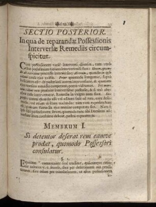 Sectio Posterior. In qua de reparandæ Possessionis Interversæ Remediis circumspicitur.