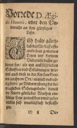 Vorrede D. Aegidii Hunnii, uber den Underricht an den günstigen Leser.