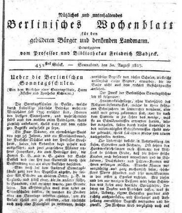 452stes Stueck, Sonnabend, den 30. August 1817