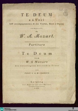 Te Deum a 4 Voci coll'accompagnamento di due Violini, Bassi e Organo