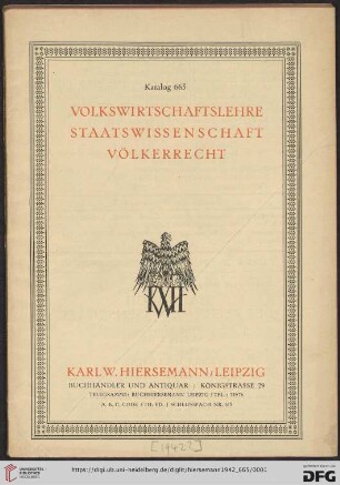 Nr. 665: Katalog: Volkswirtschaftslehre, Staatswissenschaft, Völkerrecht