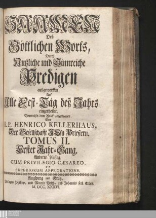 Jg. 1, Tomus II: ... Auf Alle Fest-Täg deß Jahrs eingetheilet
