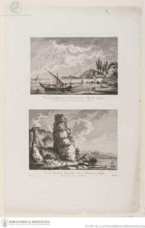 Blatt mit zwei Drucken; oben: Blick auf Gaeta von Mola di Gaeta; unten: Blick auf den Felsen Pisco Montano in Terracina