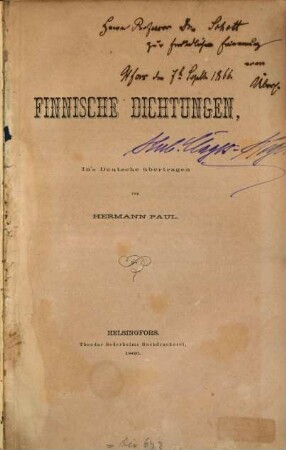 Finnische Dichtungen : In's Deutsche übertragen von Hermann Paul