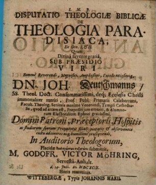 Disp. theologiae biblicae de theologia paradisiaca : ex Gen. I. et II.