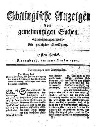 42stes Stück. Sonnabend, den 18ten October 1777.