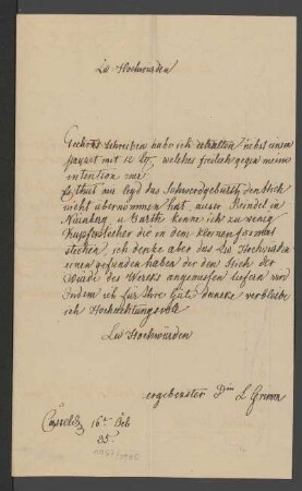 Brief von Ludwig Emil Grimm an Karl Wilhelm Justi