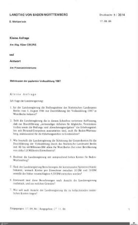Anfrage der Grünen: Mehrkosten der geplanten Volkszählung 1987