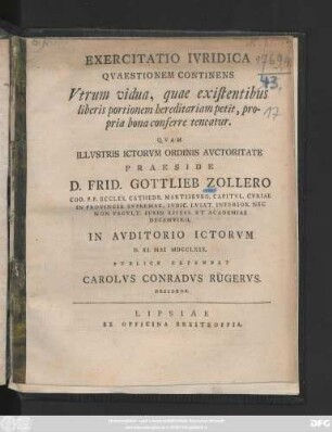 Exercitatio Ivridica Qvaestionem Continens Vtrvm vidua, quae existentibus liberis portionem hereditariam petit, propria bona conferre teneatur