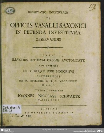 Dissertatio Inauguralis De Officiis Vasalli Saxonici In Petenda Investitura Observandis