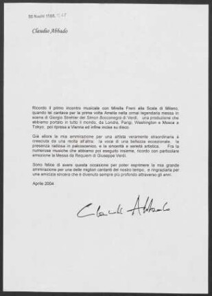 Kurzer Text von Claudio Abbado über Mirella Freni (2004)