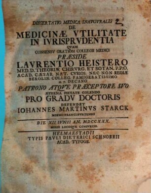 Diss. med. inaug. de medicinae utilitate in iurisprudentia