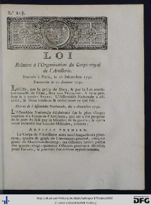 Loi Relative à l'Organisation du Corps-royal de l'Artillerie.