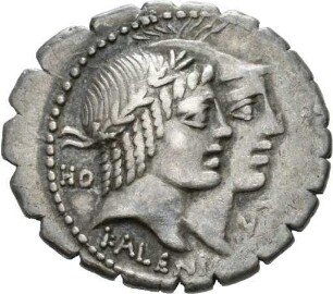 Denar serratus des Q. Fufius Calenus und des P. Mucius Scaevola Cordus mit Darstellung der Italia und der Roma
