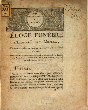 Eloge funèbre d'Honnoré Riquetti Mirabeau