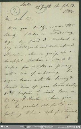Eigenh. Brief von William Richard Hamilton an August Wilhelm von Schlegel, London, 13.02.1834