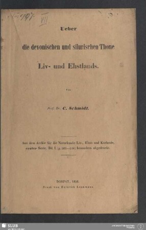 Ueber die devonischen und silurischen Thone Liv- und Ehstlands : als Ergänzung zu der Schrift: "Ueber die silurischen Dolomit-Thone der Umgegend Dorpats"