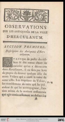 Section première: Description des Antiquités d'Herculanum