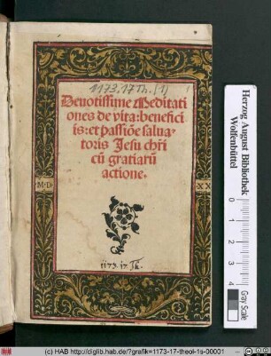 Titelblatt zu Devotissime meditationes de vita, beneficiis et passione salvatoris Jesu Christi.