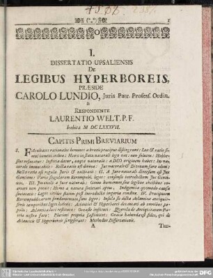 I. Dissertatio Upsaliensis De Legibus Hyperboreis