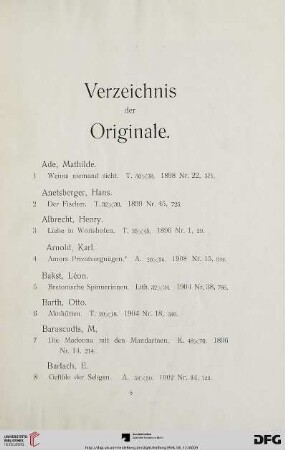 Verzeichnis der Originale (Nr. 1-486)