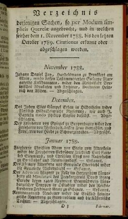 Verzeichnis derjenigen Sachen, so per Modum simplicis Querelæ angebracht,[...]