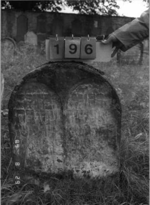 Grabstein 196 (Index: 100107502) Material: gelber Sandstein Zustand: stark verwittert, weitgehender Textverlust Maße HxBxT: 74x72x11 cm Beschreibung: Stele mit Rundbogenabschluß, zwei Schriftfelder, jeweils mit Rundbogenabschluß eingetieft Besonderheit: Doppelgrabstein: Grabstein 196