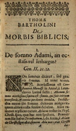 Thomae Bartholini De Morbis Biblicis Miscellanea Medica