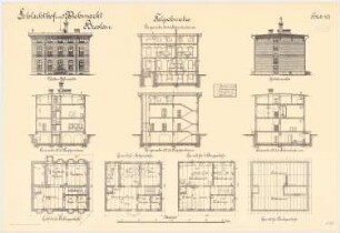 Schlachthof und Viehmarkt, Breslau Talgschmelze: Grundriss Kellergeschoss Erdgeschoss 1. Obergeschoss Dachgeschoss Querschnitte Längsschnitte Vorderansicht und Giebelansicht 1:100