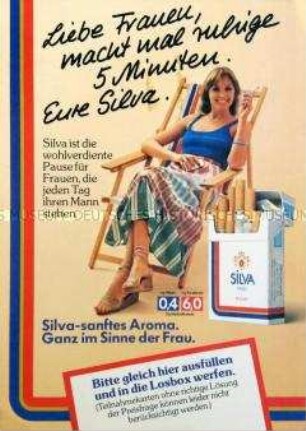 Werbezettel für die Frauenzigarette "Silva", gleichzeitig Teilnahmekarte für ein Gewinnspiel