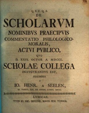 De scholarum nominibus praecipuis commentatio philol. mor.
