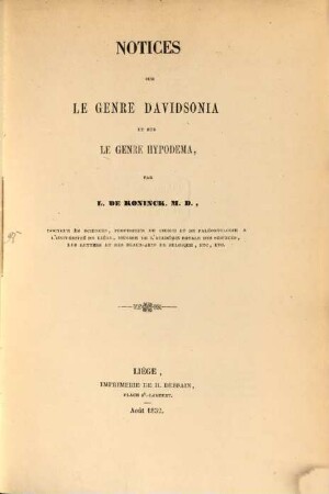 Notices sur le genre Davidsonia et sur le genre Hypodema
