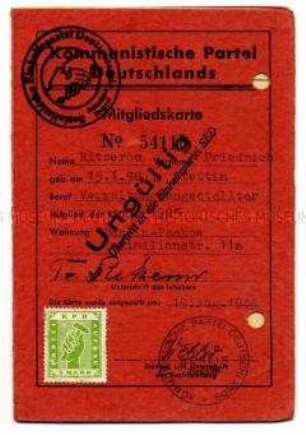 Mitgliedskarte KPD von Friedrich Ritzerow