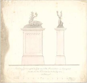 Zocher, Ernst; Architektonische Entwürfe - Hirschstatuen mit Sockel (Aufrisse)