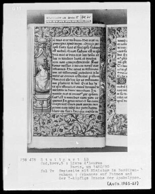 Lateinisches Stundenbuch (Livre d'heures) — Johannes auf Patmos und der siebenköpfige Drache, Folio 7verso