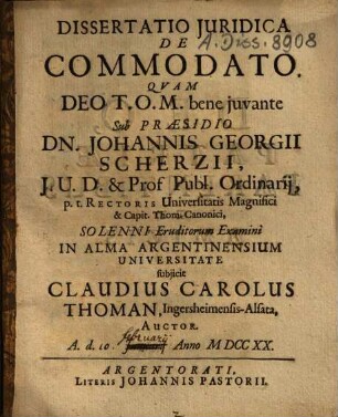 Dissertatio Iuridica De Commodato