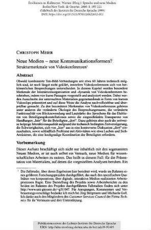 Neue Medien - neue Kommunikationsformen? Strukturmerkmale von Videokonferenzen