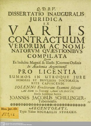 Dissertatio Inauguralis Iuridica Ex Variis Contractuum Verorum Ac Nominatorum Quaestionibus Compilata