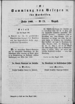 Sammlung von Gesetzen cc. für Kurhessen, Jahr 1866, Nr. IX, August